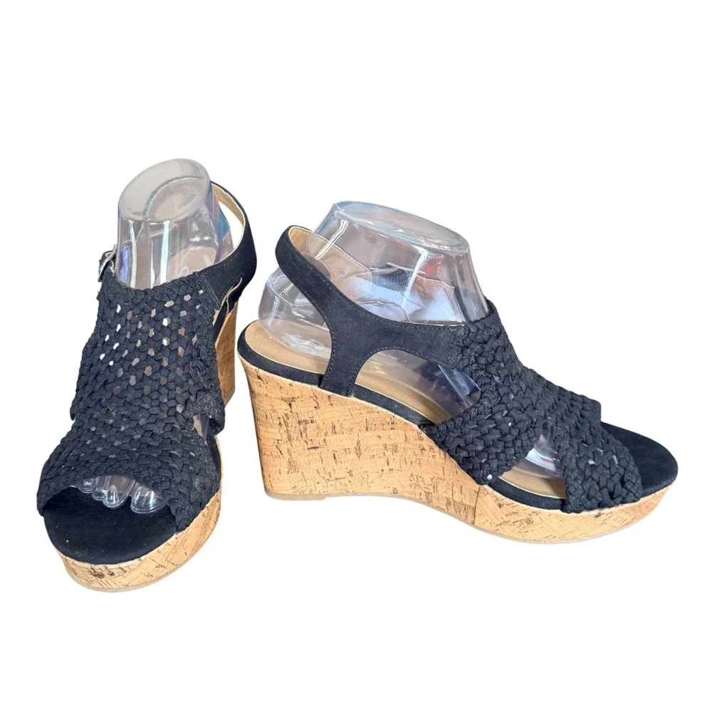 SO Taffy Black Woven Braided Cork Wedge‎ Sandals Women's Size 10 M 214784